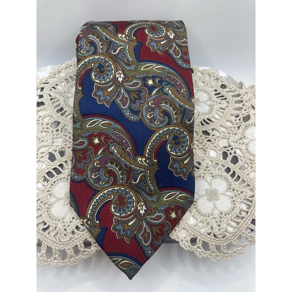 Christian Dior 100% Silk Red Tan‎ & Black Paisley Print Men's Tie